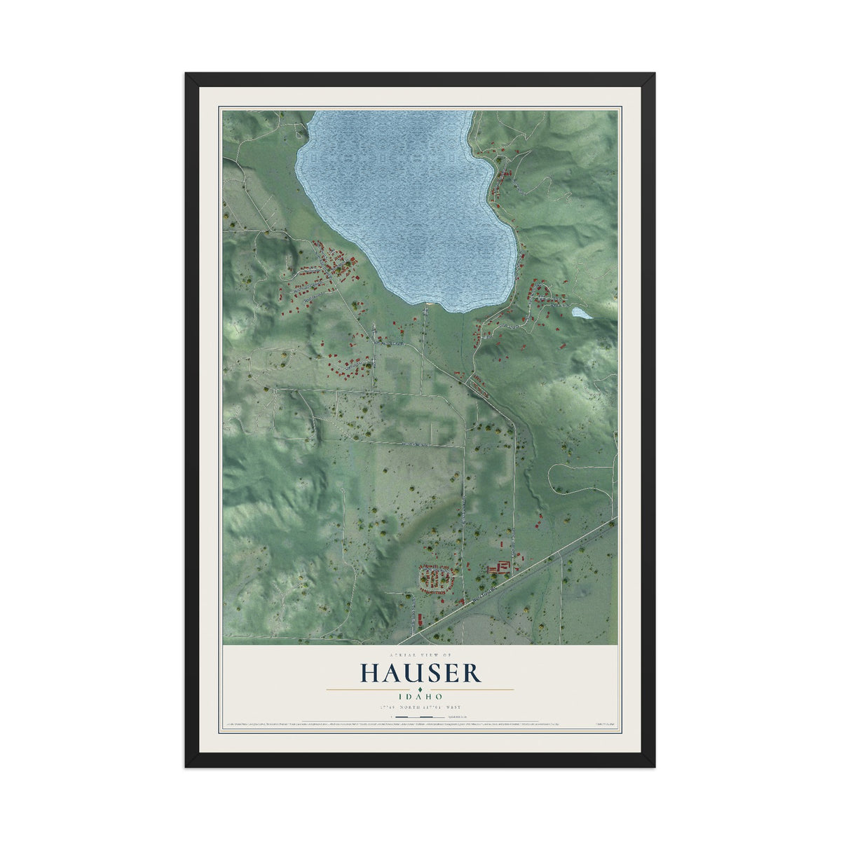 Map of Hauser, Idaho, 12 x 18 inch print in a black wood frame