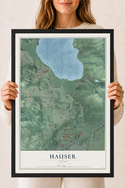 Map of Hauser, Idaho, 18 x 24 inch print in a black wood frame