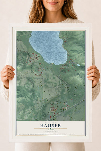 Map of Hauser, Idaho, 18 x 24 inch print in a white wood frame