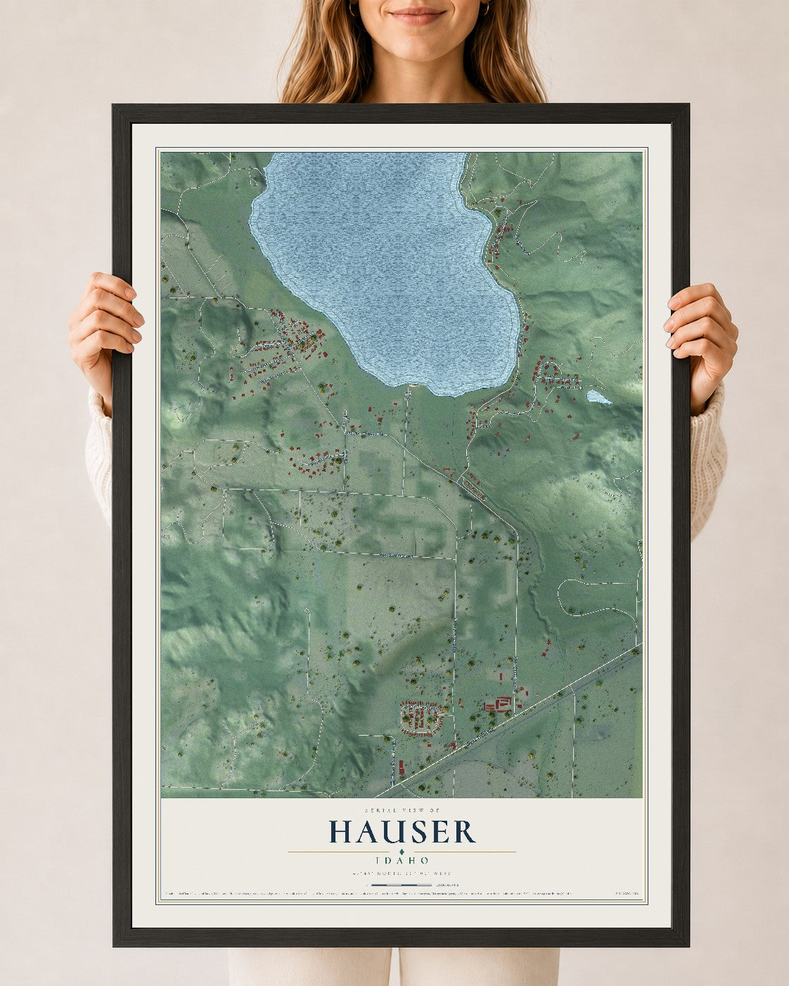 Map of Hauser, Idaho, 24 x 36 inch print in a black wood frame