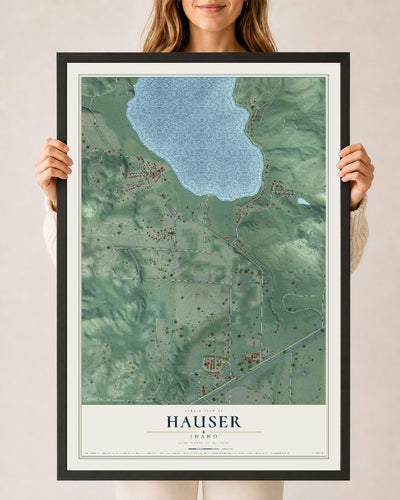 Map of Hauser, Idaho, 24 x 36 inch print in a black wood frame