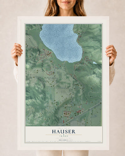 Map of Hauser, Idaho, 24 x 36 inch print in a white wood frame