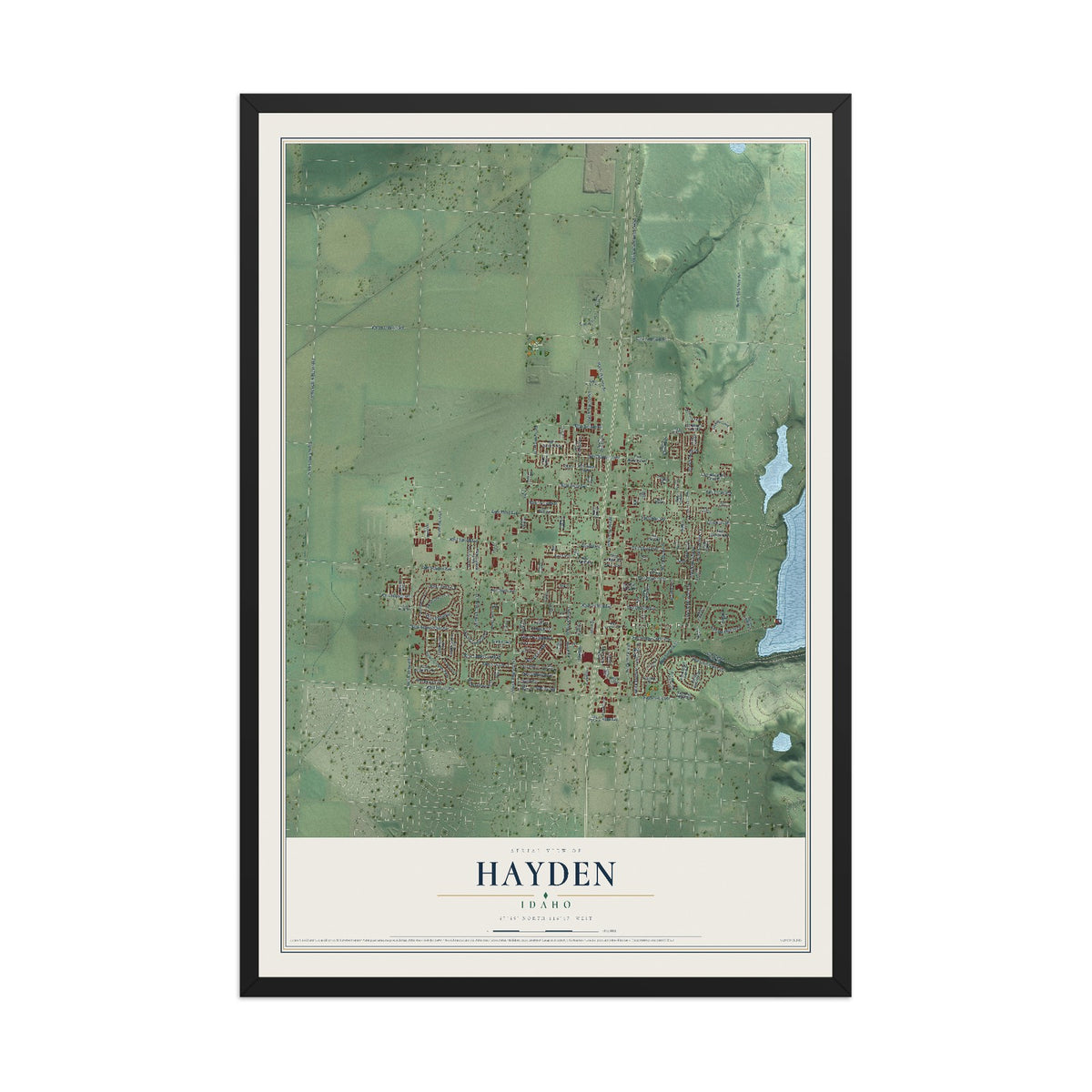 Map of Hayden, Idaho, 12 x 18 inch print in a black wood frame