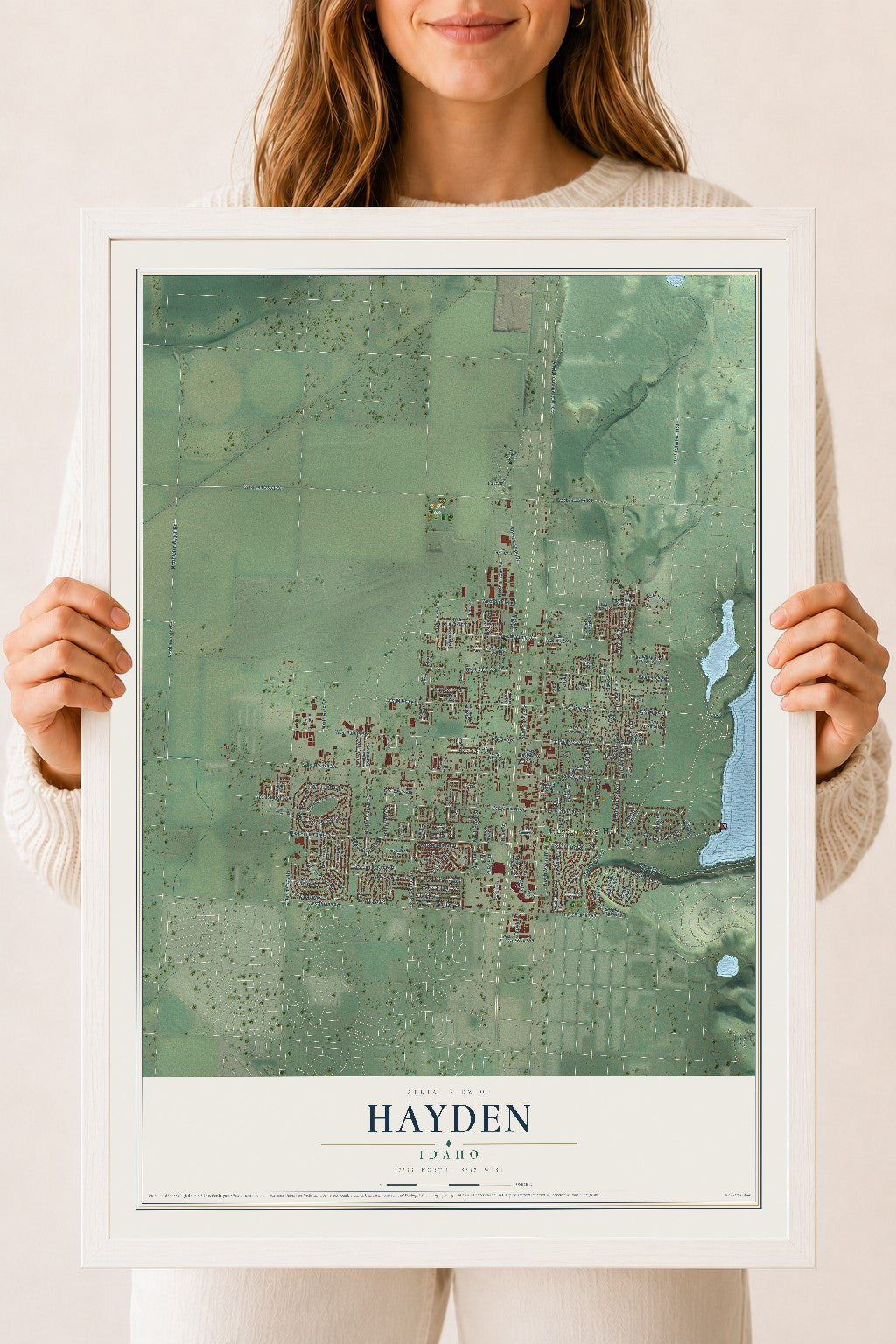 Map of Hayden, Idaho, 18 x 24 inch print in a white wood frame