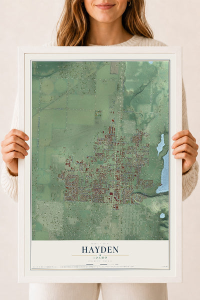 Map of Hayden, Idaho, 18 x 24 inch print in a white wood frame