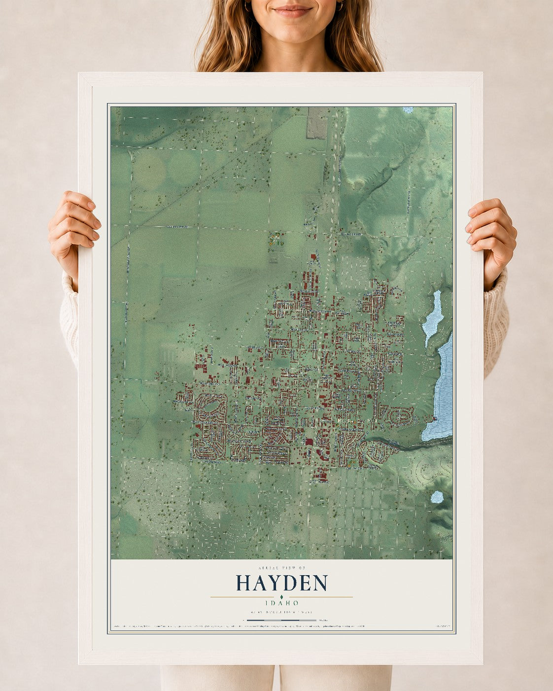 Map of Hayden, Idaho, 24 x 36 inch print in a white wood frame