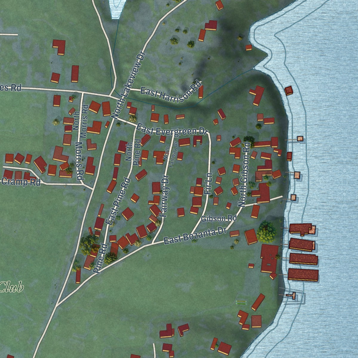 Second close-up of the map of Hayden Lake, Idaho print showing more streets and buildings
