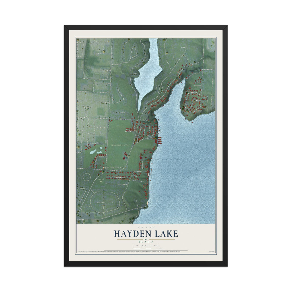 Map of Hayden Lake, Idaho, 12 x 18 inch print in a black wood frame