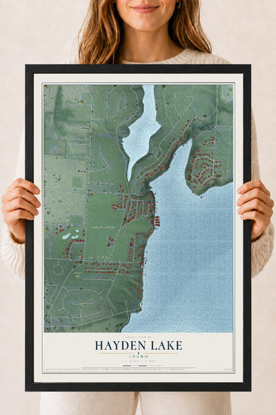 Map of Hayden Lake, Idaho, 18 x 24 inch print in a black wood frame