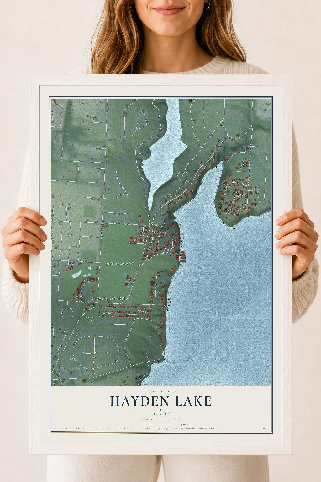 Map of Hayden Lake, Idaho, 18 x 24 inch print in a white wood frame