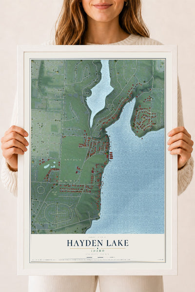 Map of Hayden Lake, Idaho, 18 x 24 inch print in a white wood frame