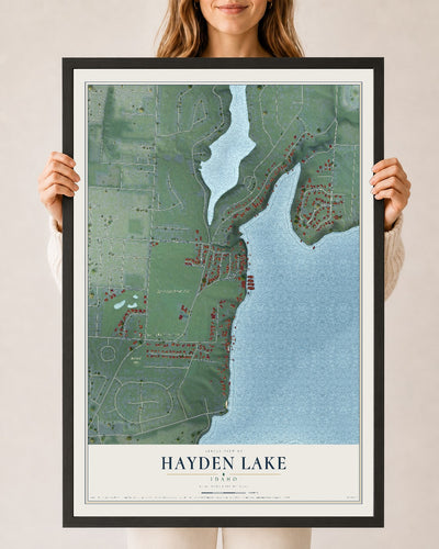 Map of Hayden Lake, Idaho, 24 x 36 inch print in a black wood frame