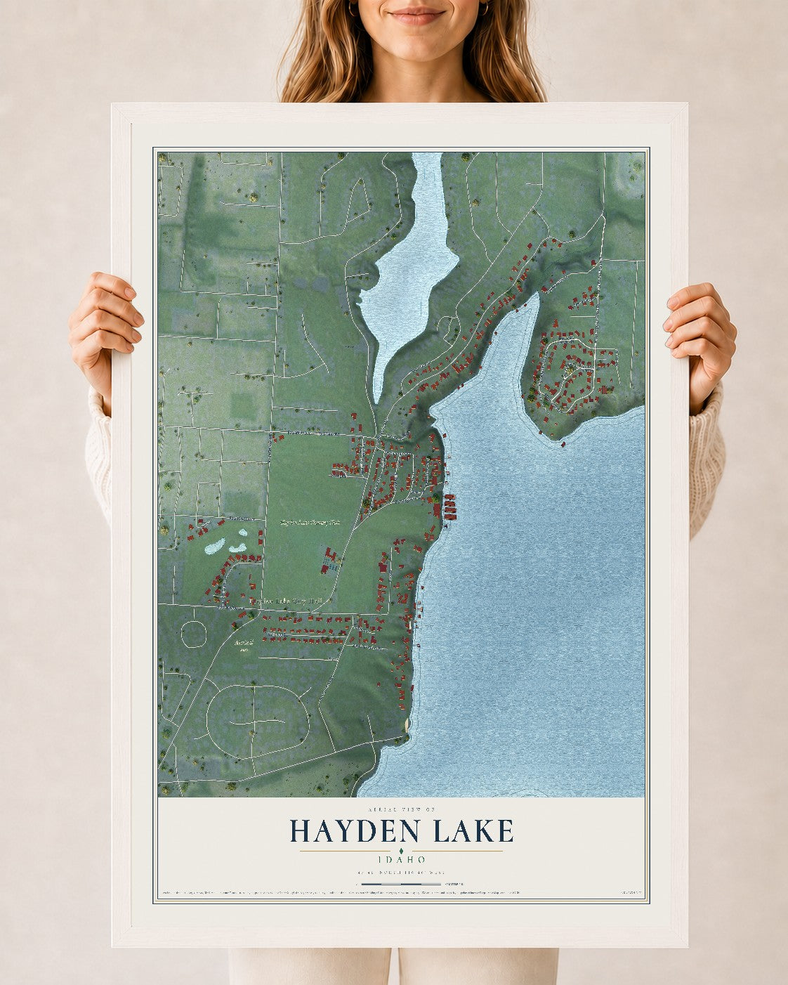 Map of Hayden Lake, Idaho, 24 x 36 inch print in a white wood frame