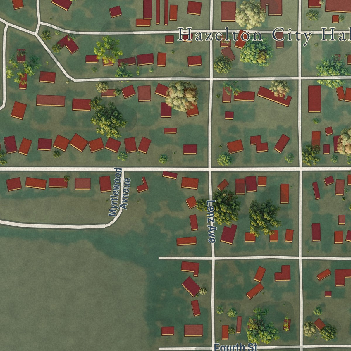 Close-up of the map of Hazelton, Idaho print showing street and building detail