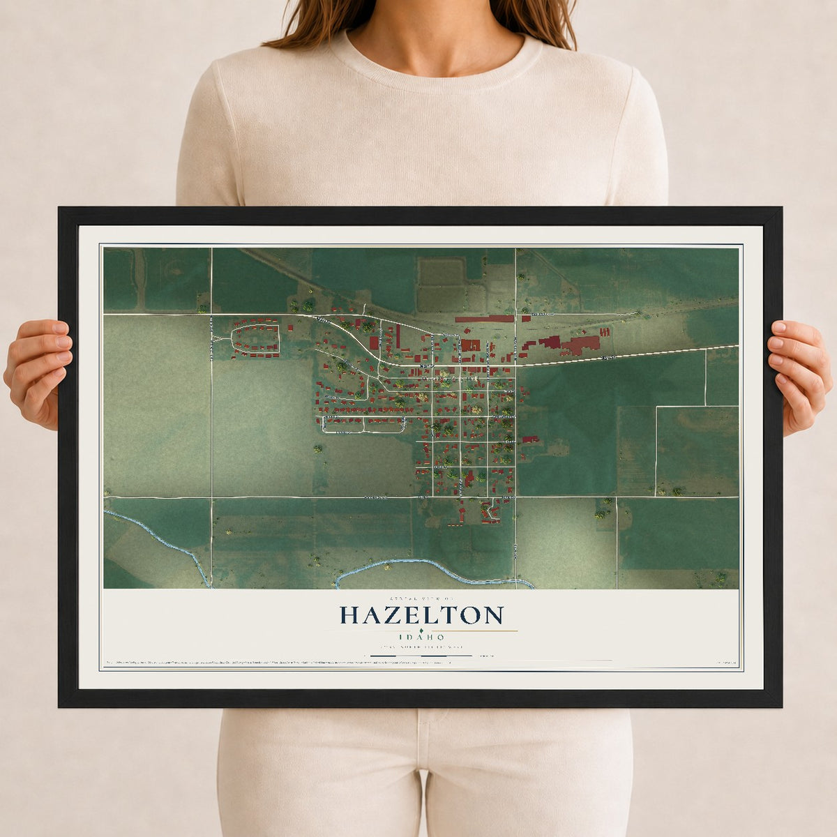 Map of Hazelton, Idaho, 12 x 18 inch print in a black wood frame