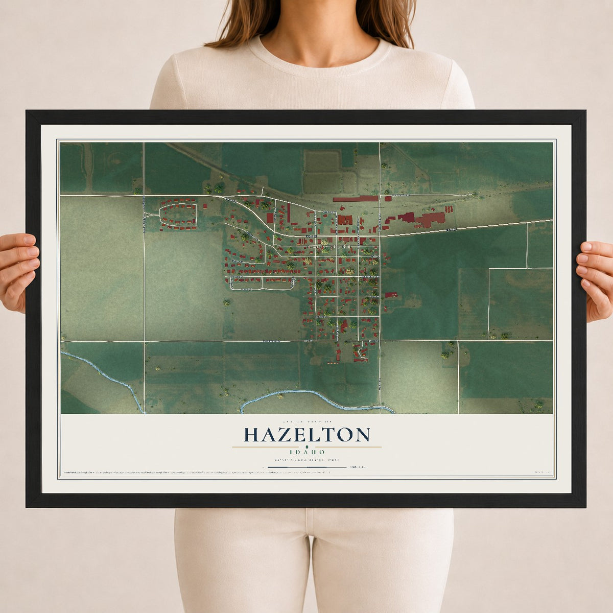 Map of Hazelton, Idaho, 18 x 24 inch print in a black wood frame