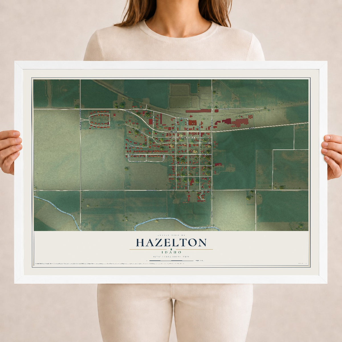 Map of Hazelton, Idaho, 18 x 24 inch print in a white wood frame