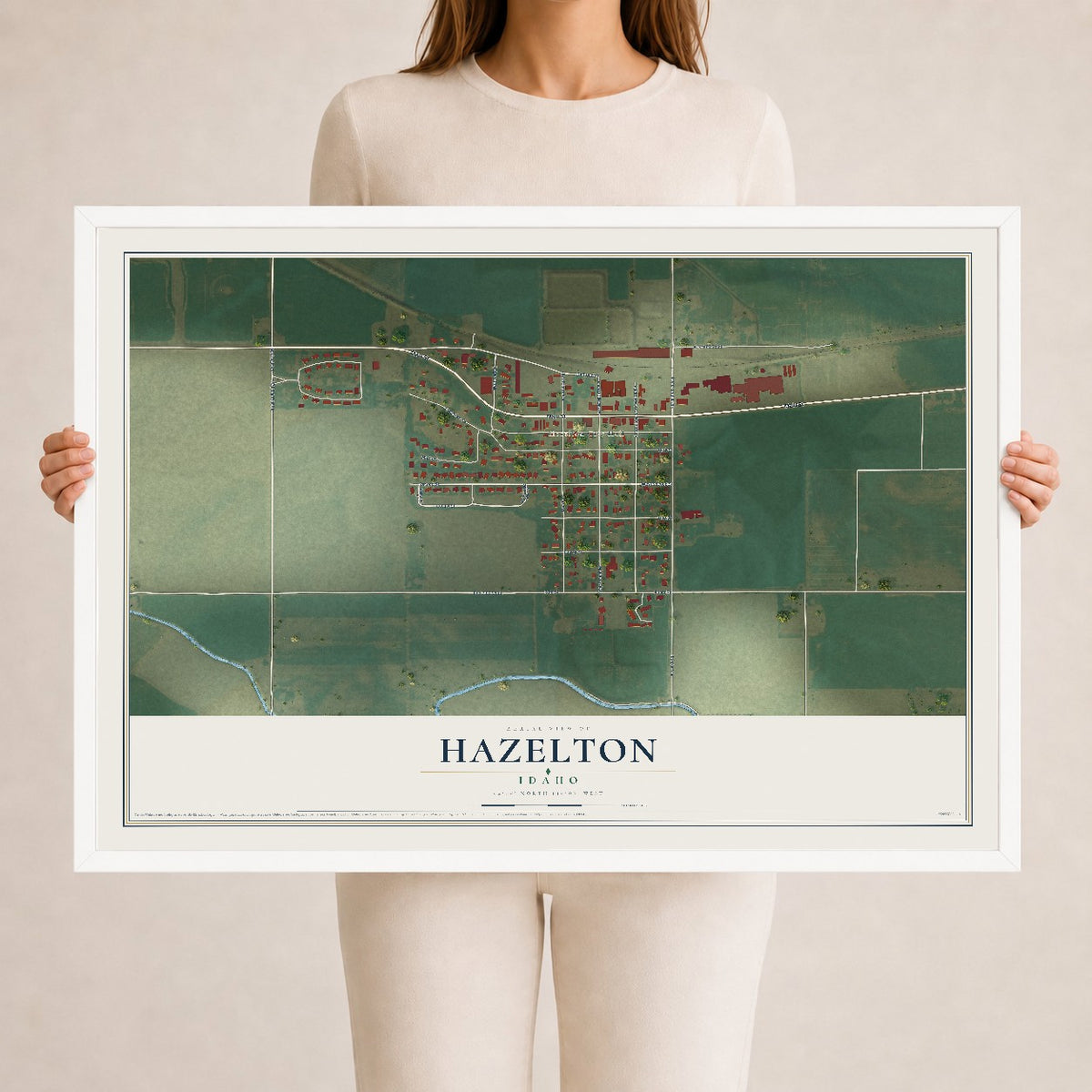 Map of Hazelton, Idaho, 24 x 36 inch print in a white wood frame