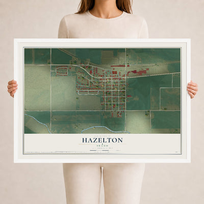 Map of Hazelton, Idaho, 24 x 36 inch print in a white wood frame