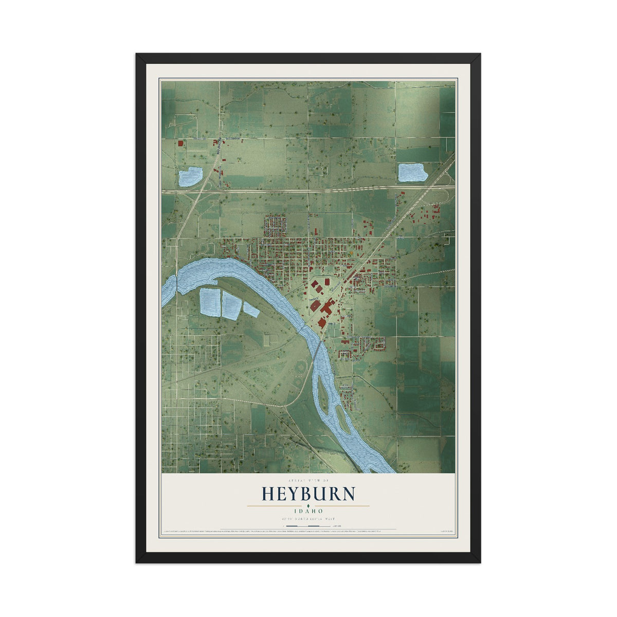 Map of Heyburn, Idaho, 12 x 18 inch print in a black wood frame
