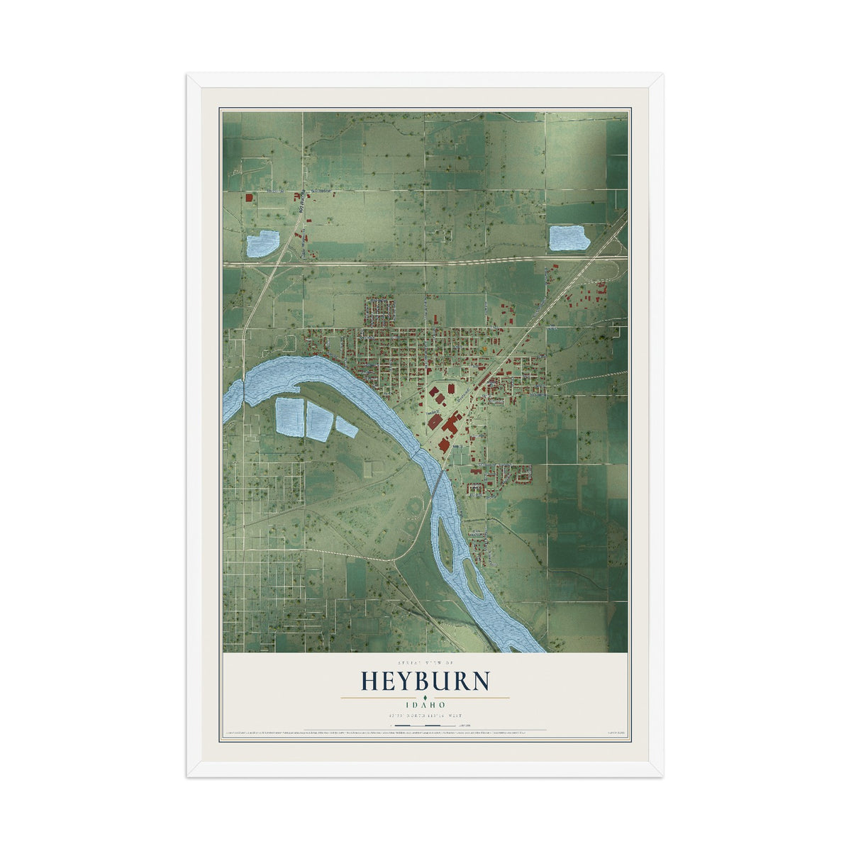 Map of Heyburn, Idaho, 12 x 18 inch print in a white wood frame