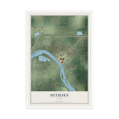 Map of Heyburn, Idaho, 12 x 18 inch print in a white wood frame