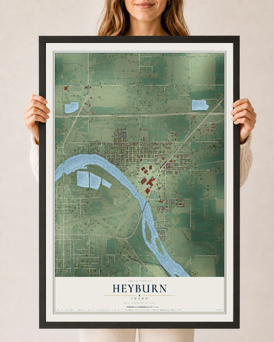 Map of Heyburn, Idaho, 24 x 36 inch print in a black wood frame
