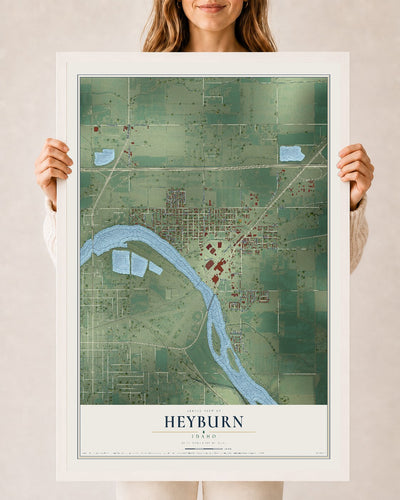 Map of Heyburn, Idaho, 24 x 36 inch print in a white wood frame