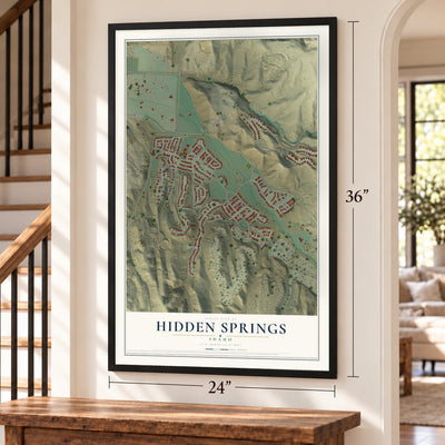 Hidden Springs, Idaho map, 24 x 36 inch print in a black frame by a staircase