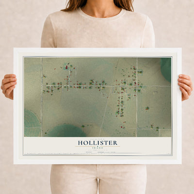 Map of Hollister, Idaho, 12 x 18 inch print in a white wood frame