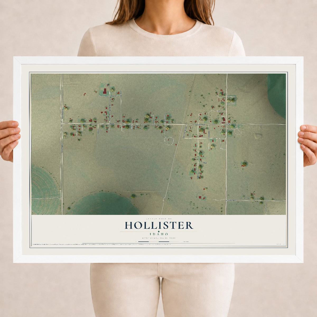 Map of Hollister, Idaho, 18 x 24 inch print in a white wood frame