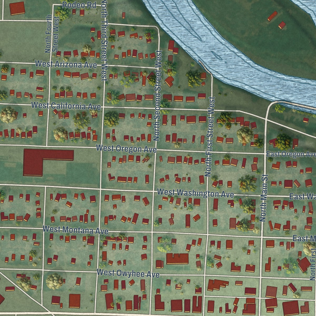 Close-up of the map of Homedale, Idaho print showing street and building detail