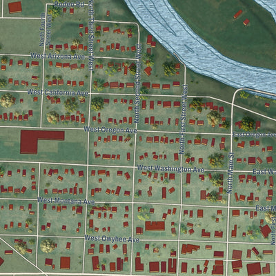 Close-up of the map of Homedale, Idaho print showing street and building detail