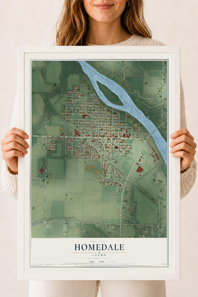 Map of Homedale, Idaho, 18 x 24 inch print in a white wood frame