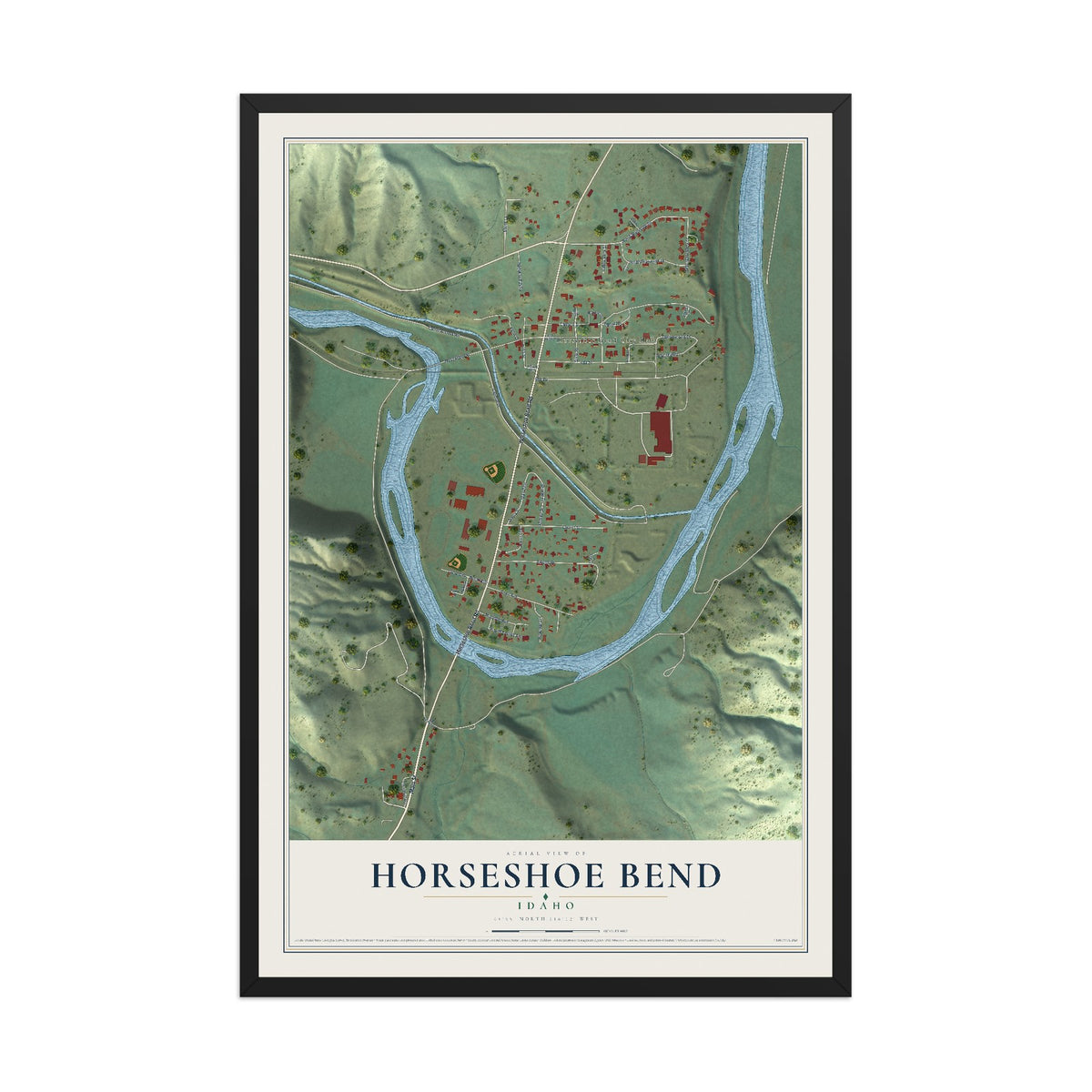 Map of Horseshoe Bend, Idaho, 12 x 18 inch print in a black wood frame