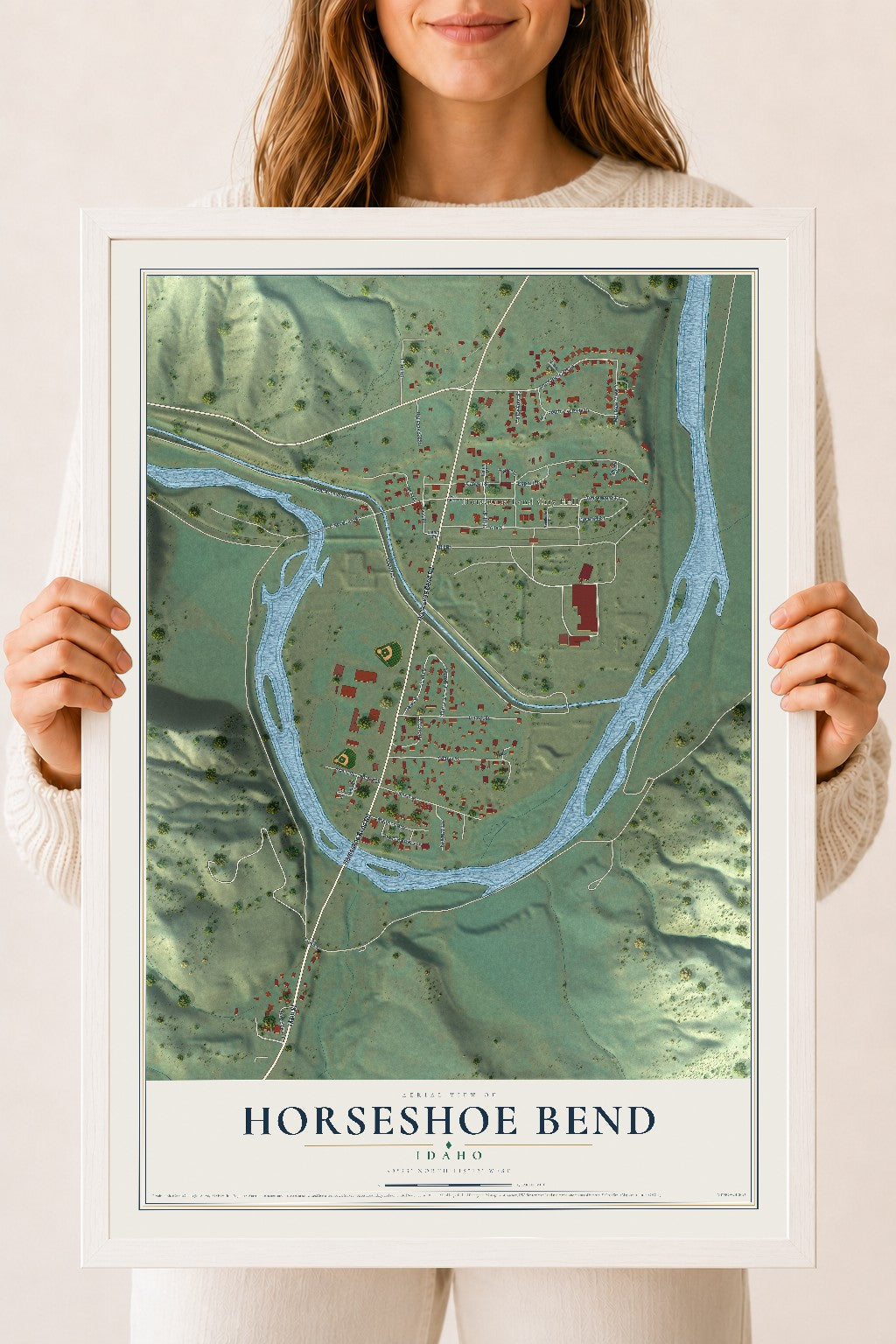 Map of Horseshoe Bend, Idaho, 18 x 24 inch print in a white wood frame