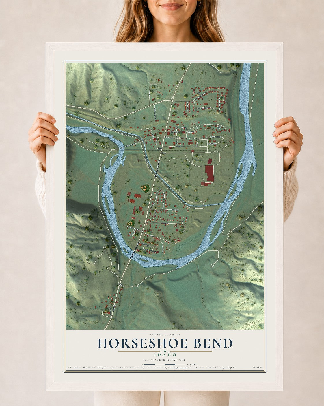 Map of Horseshoe Bend, Idaho, 24 x 36 inch print in a white wood frame