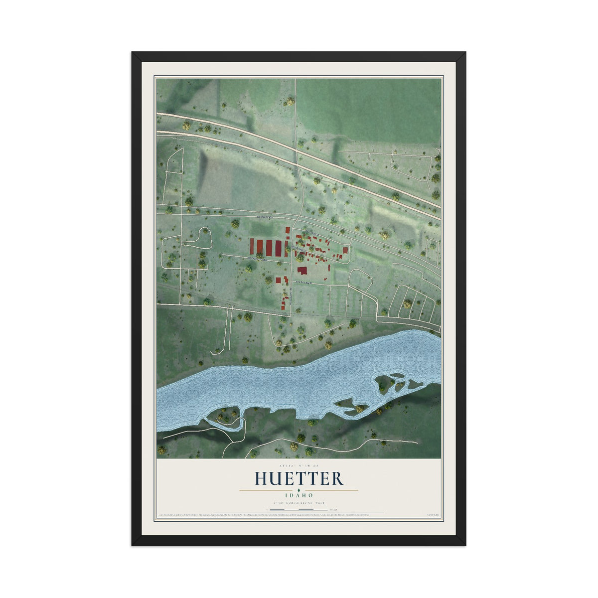 Map of Huetter, Idaho, 12 x 18 inch print in a black wood frame