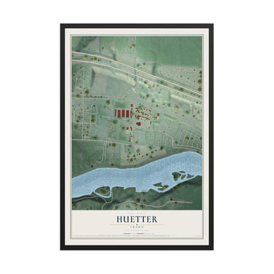 Map of Huetter, Idaho, 12 x 18 inch print in a black wood frame