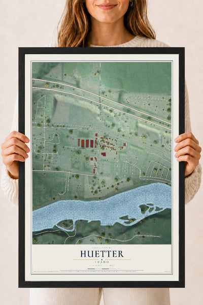 Map of Huetter, Idaho, 18 x 24 inch print in a black wood frame