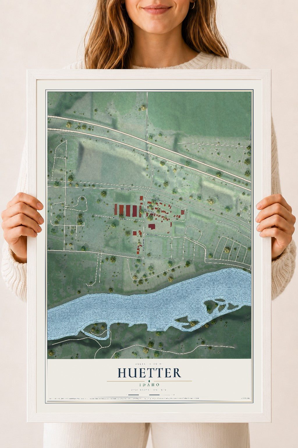 Map of Huetter, Idaho, 18 x 24 inch print in a white wood frame