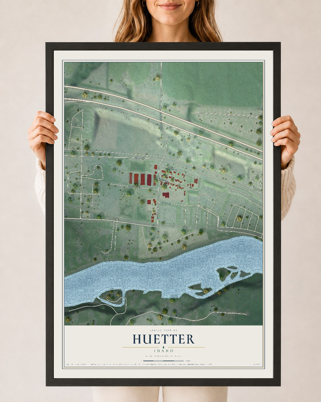 Map of Huetter, Idaho, 24 x 36 inch print in a black wood frame
