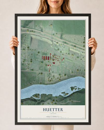 Map of Huetter, Idaho, 24 x 36 inch print in a black wood frame