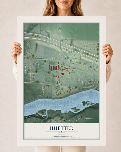 Map of Huetter, Idaho, 24 x 36 inch print in a white wood frame