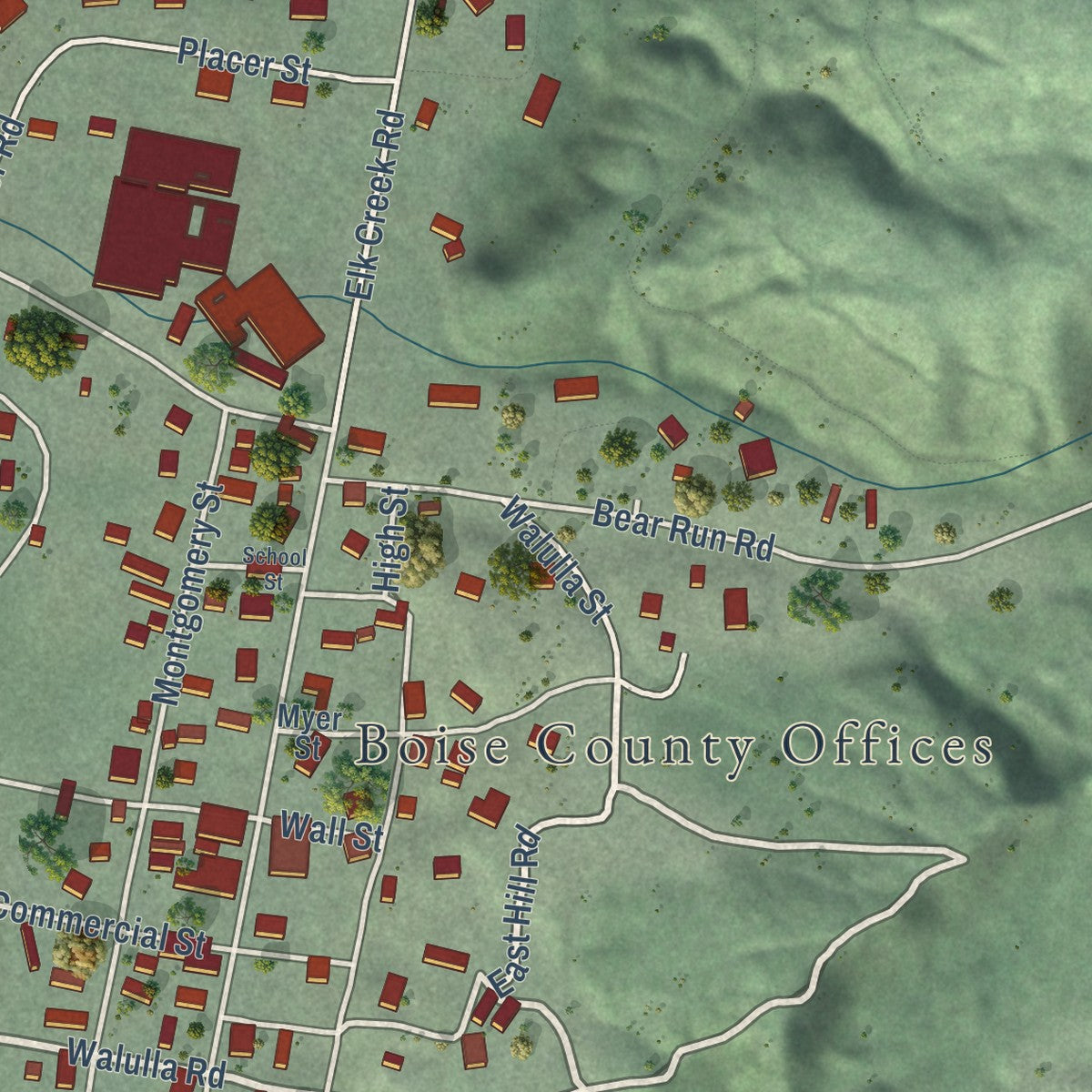 Close-up of the map of Idaho City, Idaho print showing street and building detail