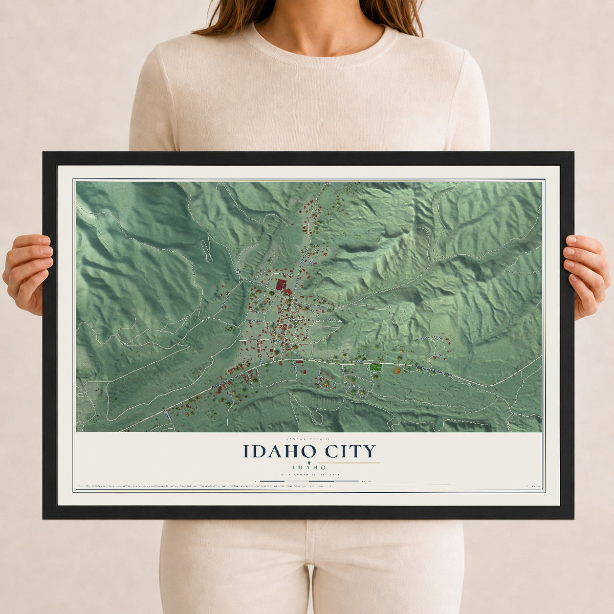 Map of Idaho City, Idaho, 12 x 18 inch print in a black wood frame
