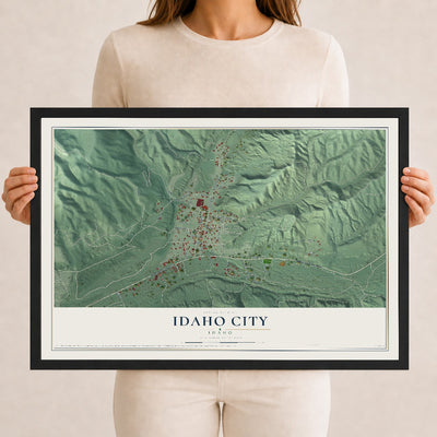 Map of Idaho City, Idaho, 12 x 18 inch print in a black wood frame