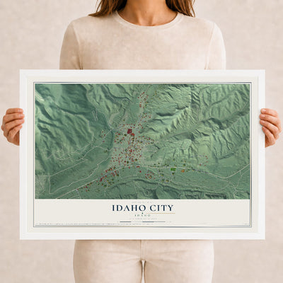 Map of Idaho City, Idaho, 12 x 18 inch print in a white wood frame
