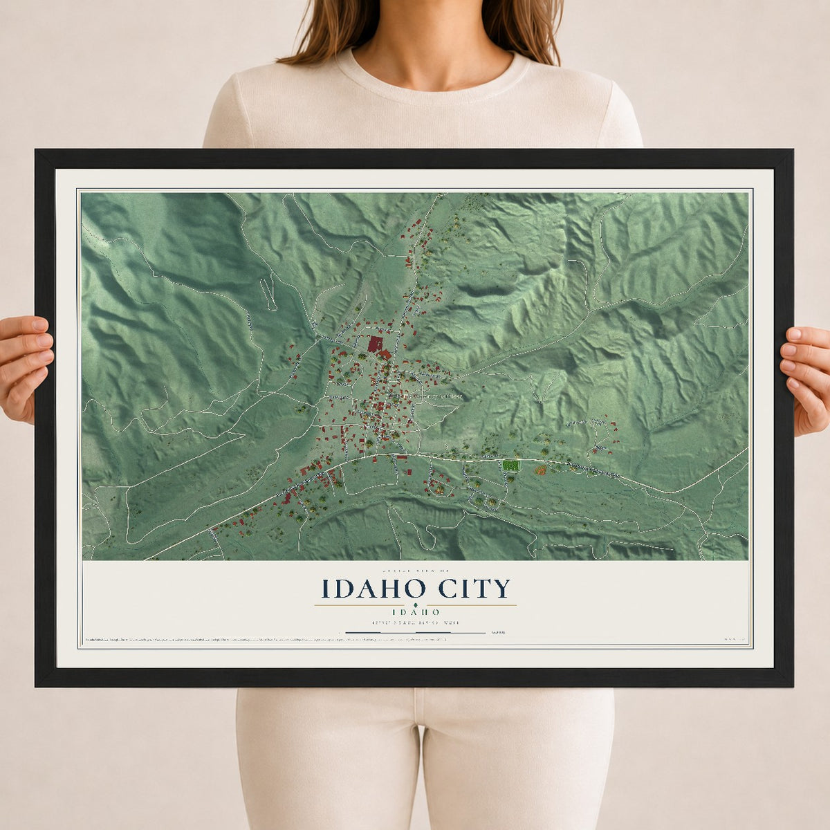 Map of Idaho City, Idaho, 18 x 24 inch print in a black wood frame
