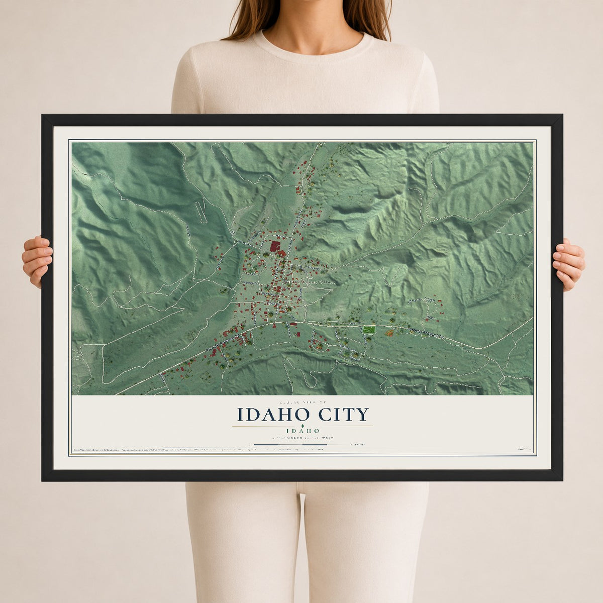 Map of Idaho City, Idaho, 24 x 36 inch print in a black wood frame